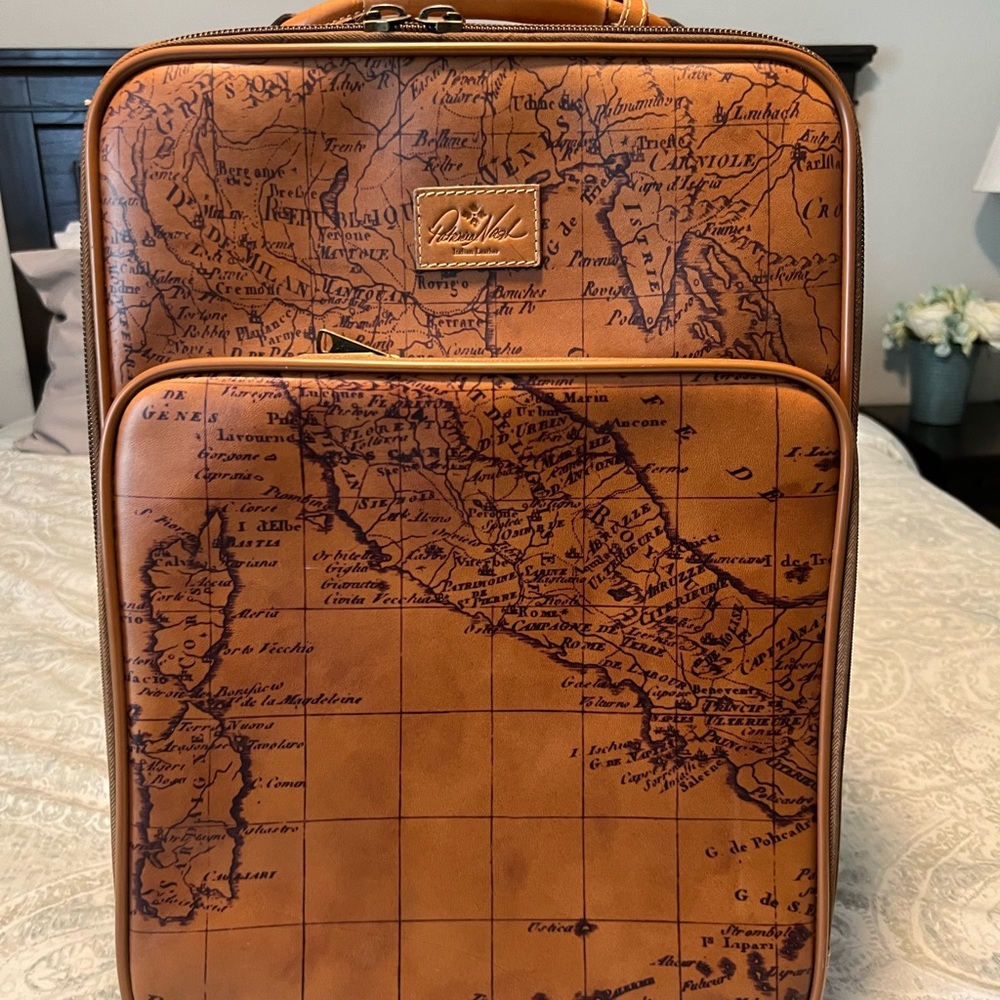 Patricia Nash Vintage Map Print Tan Leather Carryon Vertical Suitcase